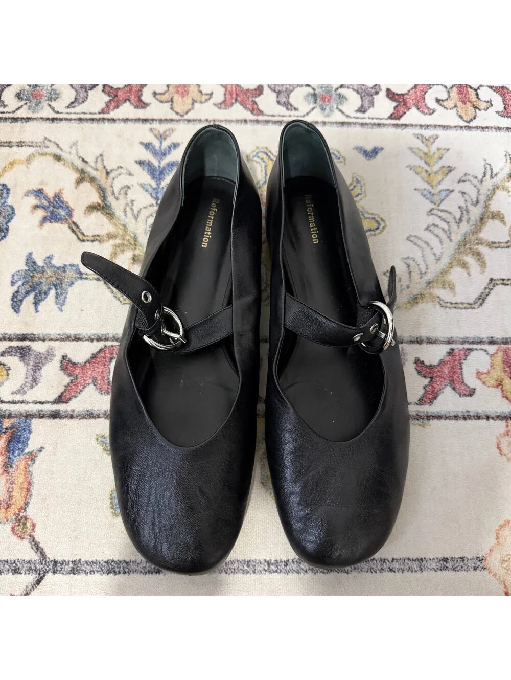 Reformation 9.5 Black Leather Mary Jane Ballet Flats Silver Buckle Shoes